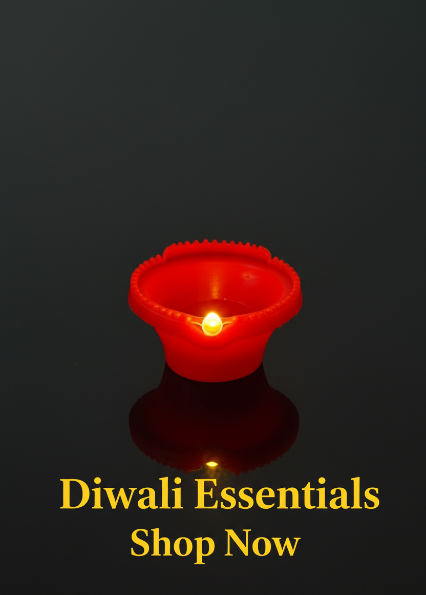 Red Diwali oil lamp on a black background with 'Diwali Essentials Shop Now' text.