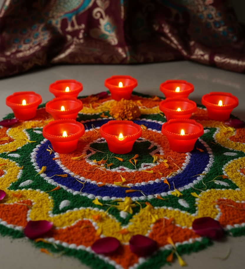 Decorative rangoli with candles and flowers on a colorful fabric background