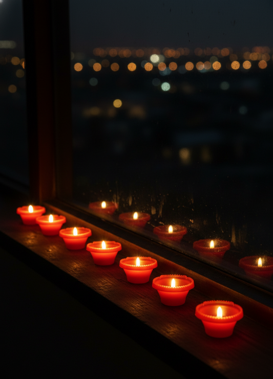 Row of red candles on a windowsill with a cityscape in the background