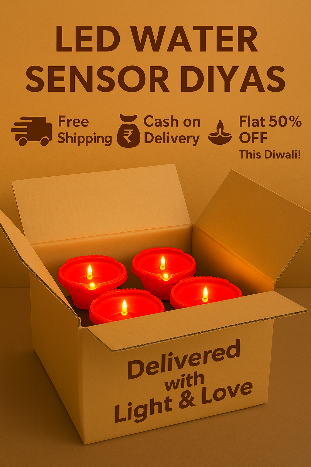 Box of LED water sensor diyas with promotional text on a brown background